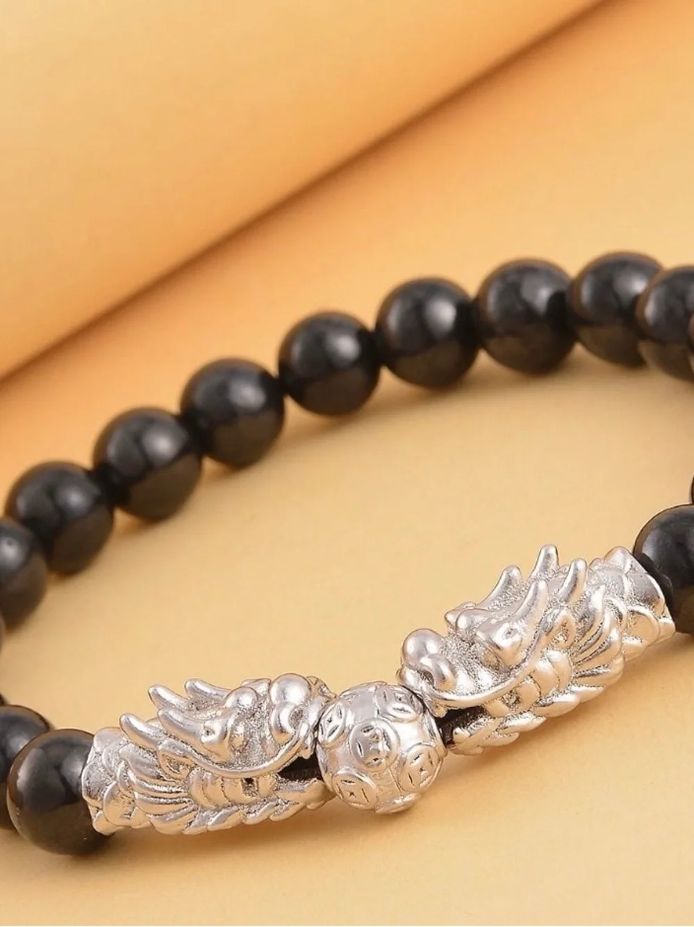 Shungite Beaded Stretch Bracelet,  Dragon Charm in Rhodium over Sterling Silver